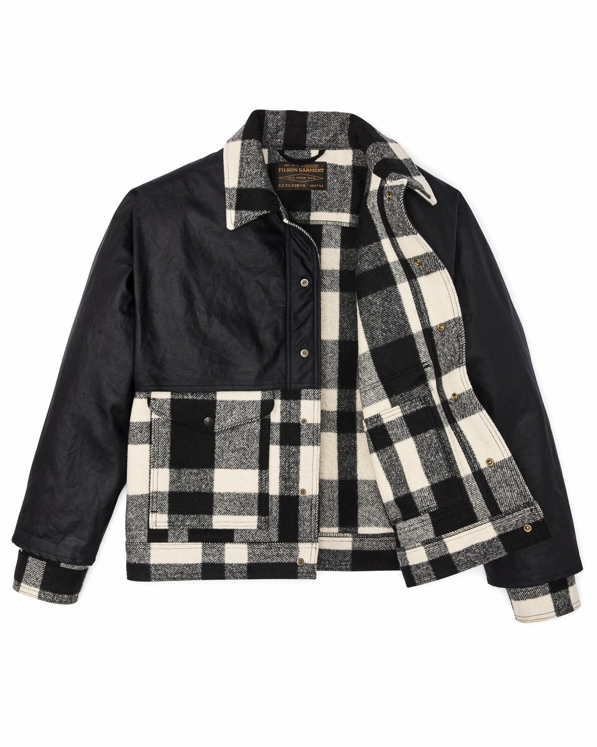 Filson Discount / Mackinaw Wool Caped Jacket - Natural Black Plaid / Navy