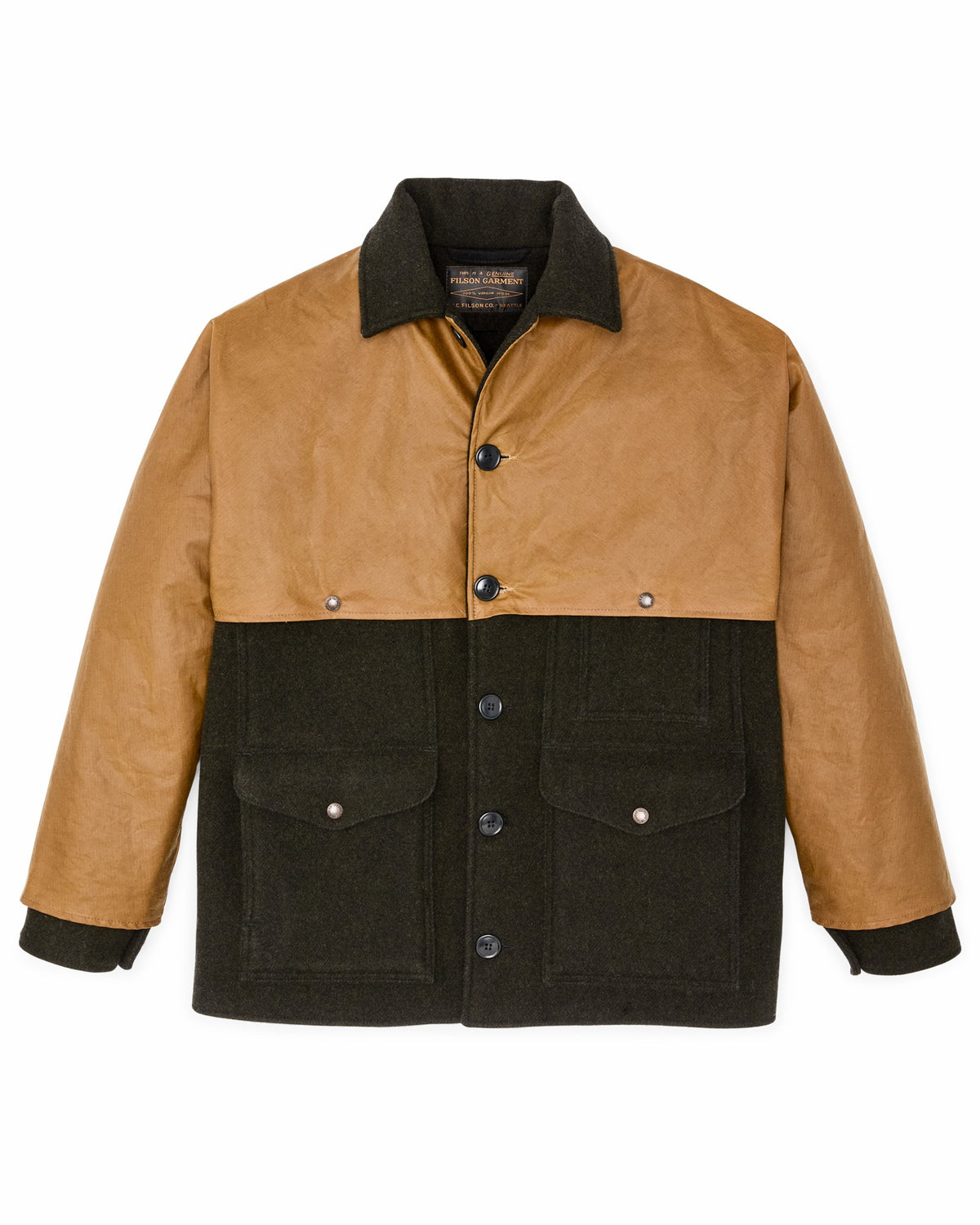 Filson Recommended / Mackinaw Wool Caped Cruiser Jacket - Peat Black / Dark Tan