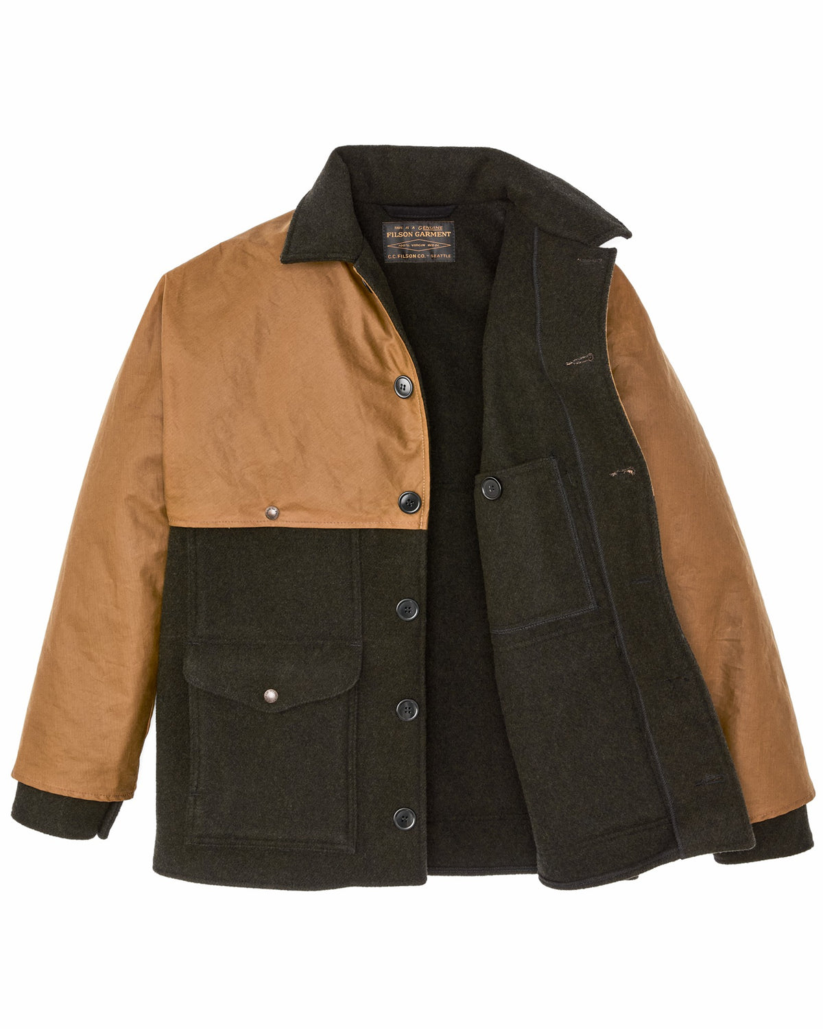 Filson Recommended / Mackinaw Wool Caped Cruiser Jacket - Peat Black / Dark Tan