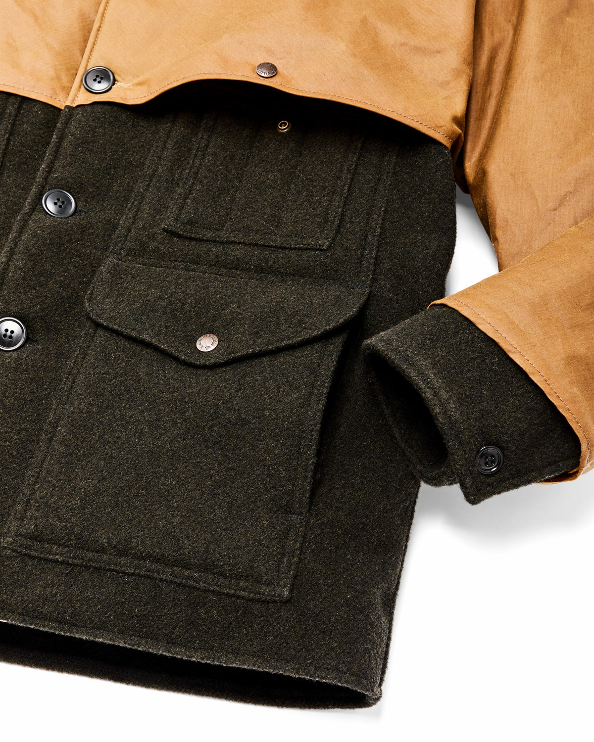 Filson Recommended / Mackinaw Wool Caped Cruiser Jacket - Peat Black / Dark Tan