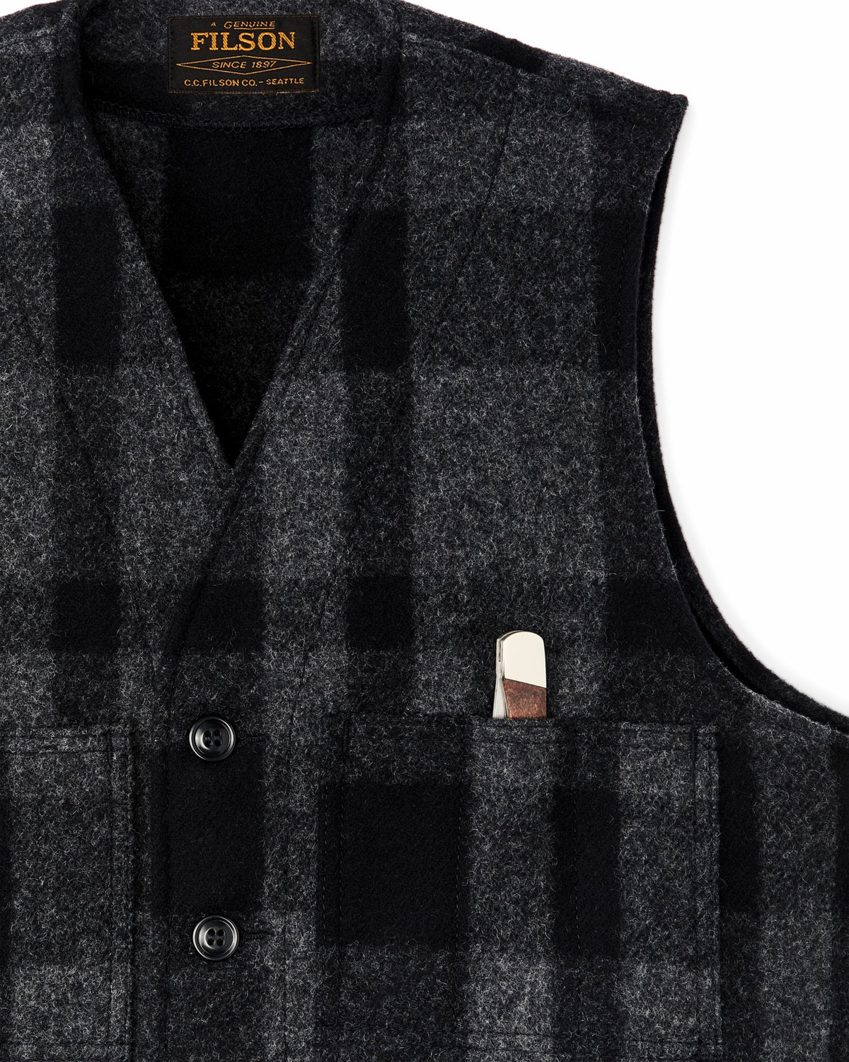 Filson Recommended / Mackinaw Wool Vest - Charcoal / Black Heritage Plaid