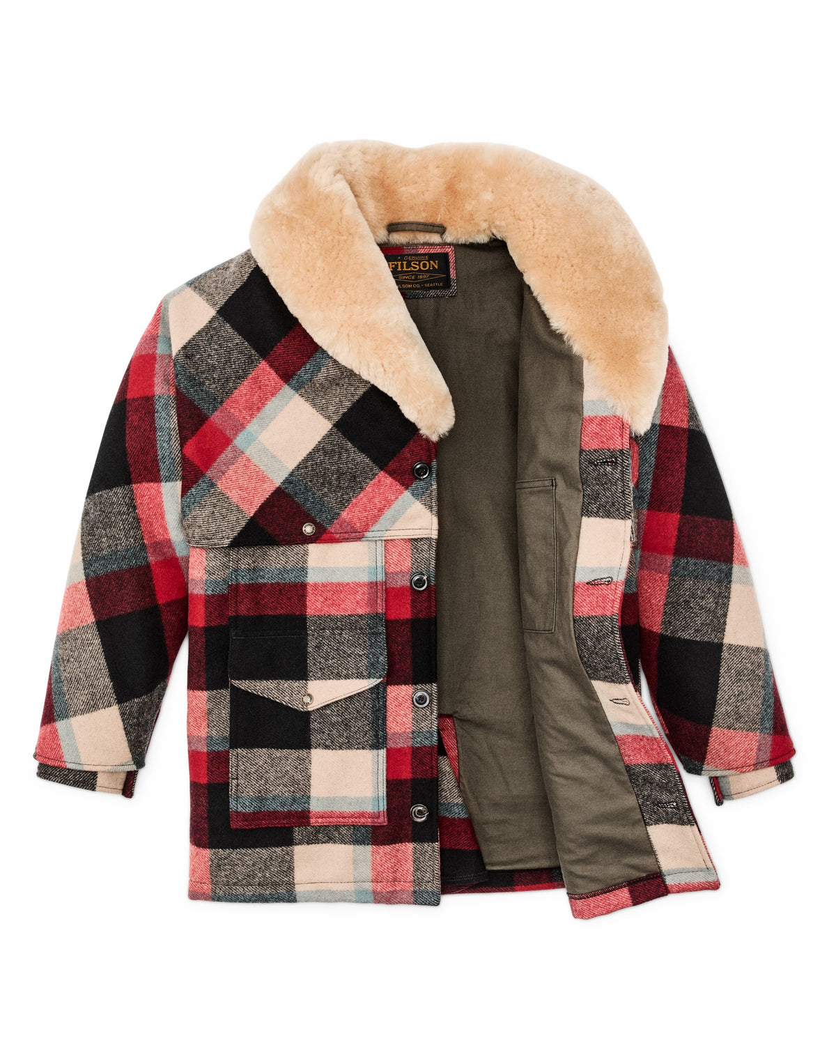 Filson Discount / Lined Mackinaw Wool Packer Coat - Red / Cream / Blue Plaid