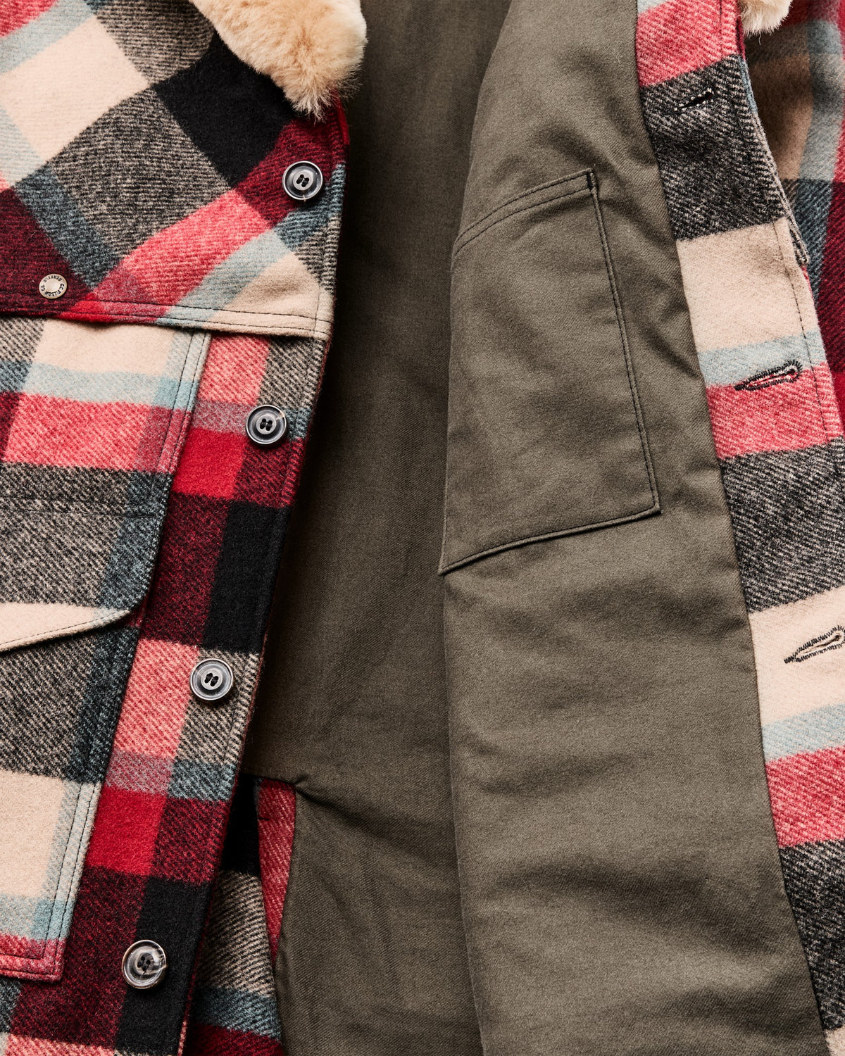 Filson Discount / Lined Mackinaw Wool Packer Coat - Red / Cream / Blue Plaid