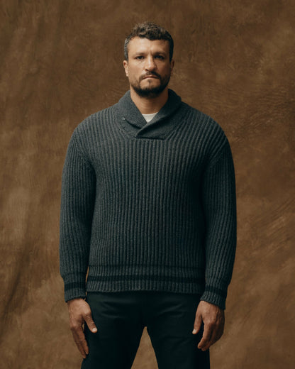 Filson Featured / Bristol Shawl Neck Sweater - Gray Heather / Dark Charcoal Stripe