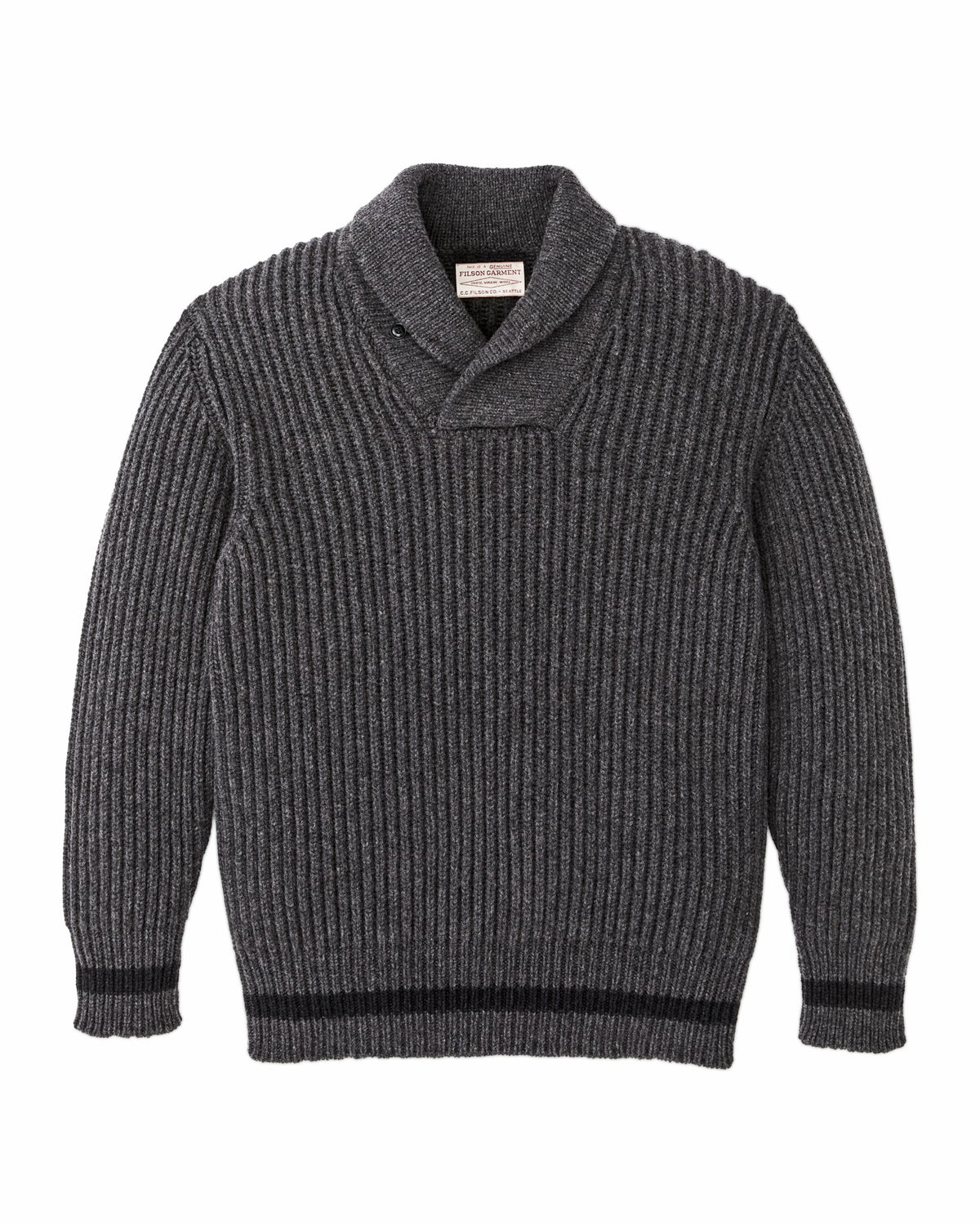 Filson Featured / Bristol Shawl Neck Sweater - Gray Heather / Dark Charcoal Stripe