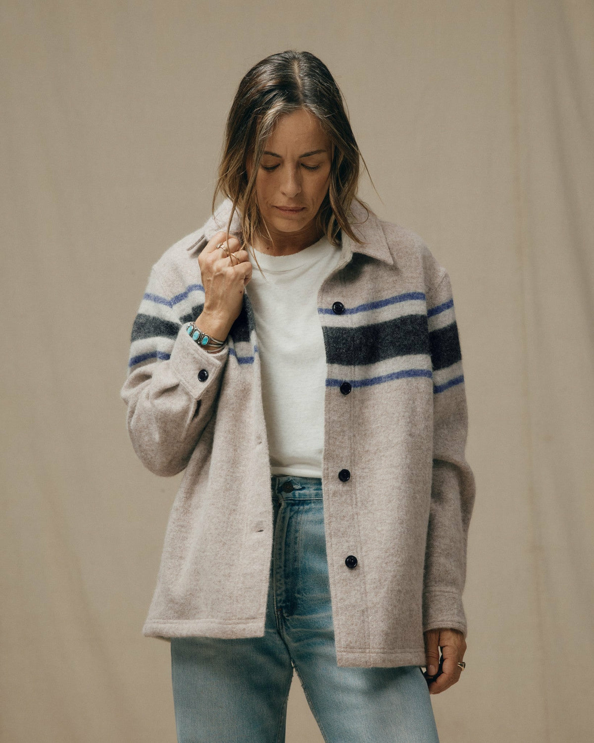 Filson Popular / Women's Wool Overshirt - Gray / Black Blanket Stripe