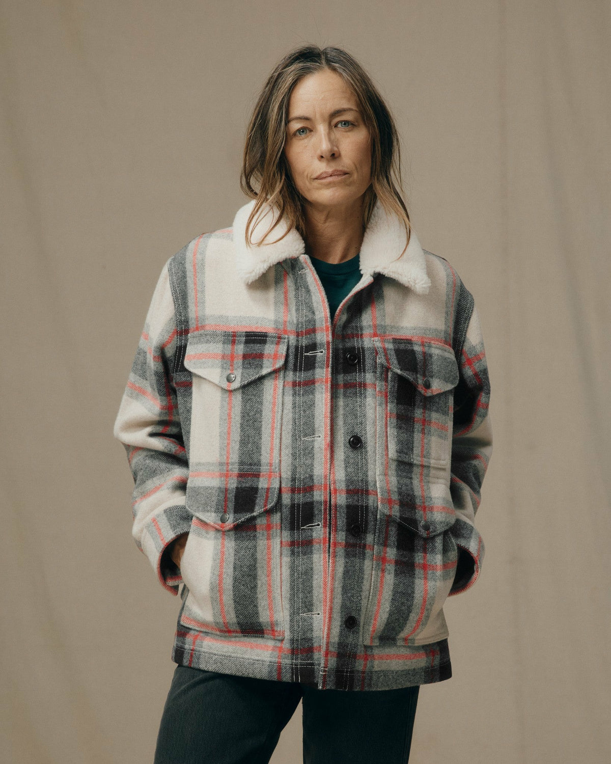 Filson Customer Favorite / Women's Mackinaw Wool Shearling Cruiser Jacket - Cream / Red / Black Plaid