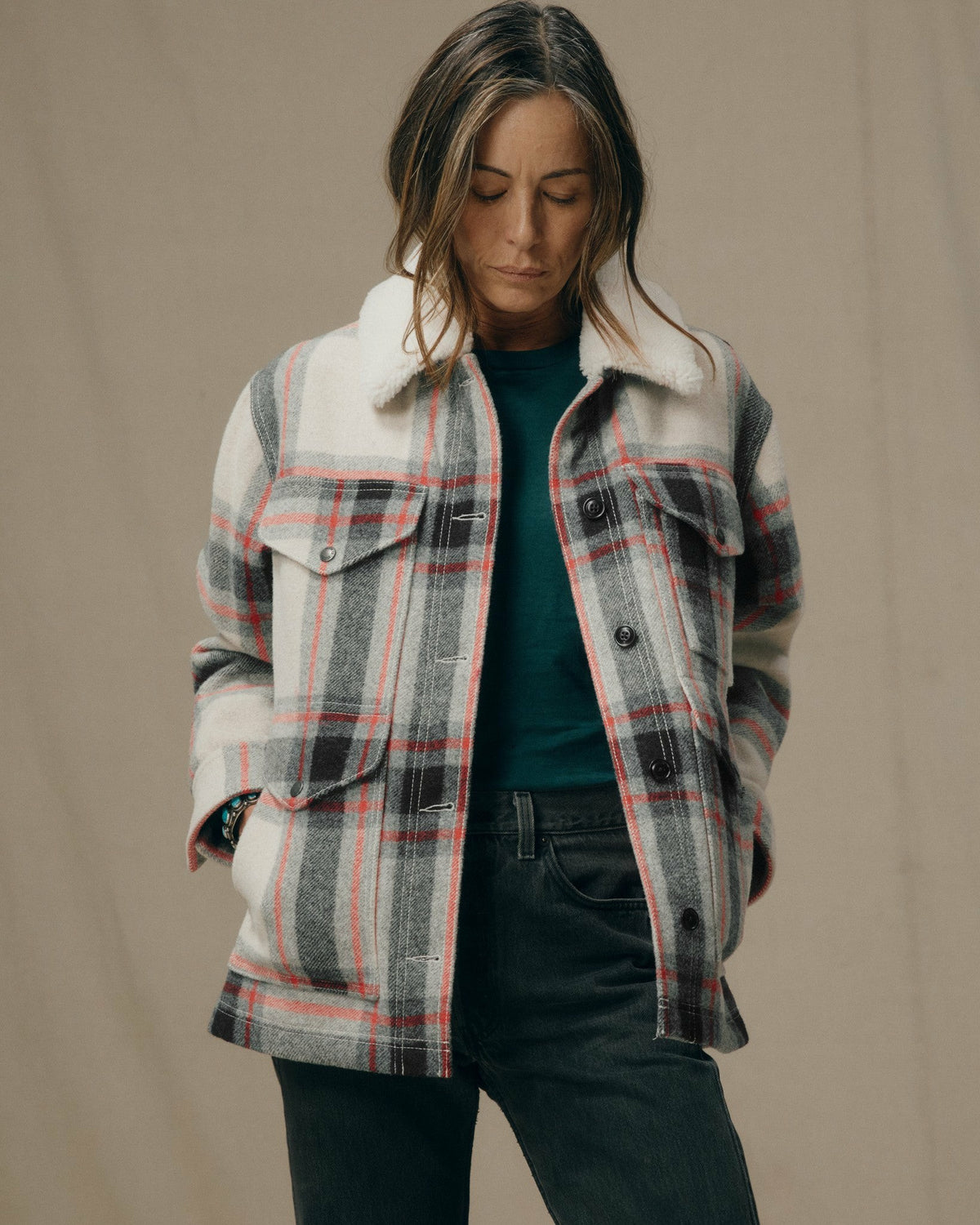 Filson Customer Favorite / Women's Mackinaw Wool Shearling Cruiser Jacket - Cream / Red / Black Plaid