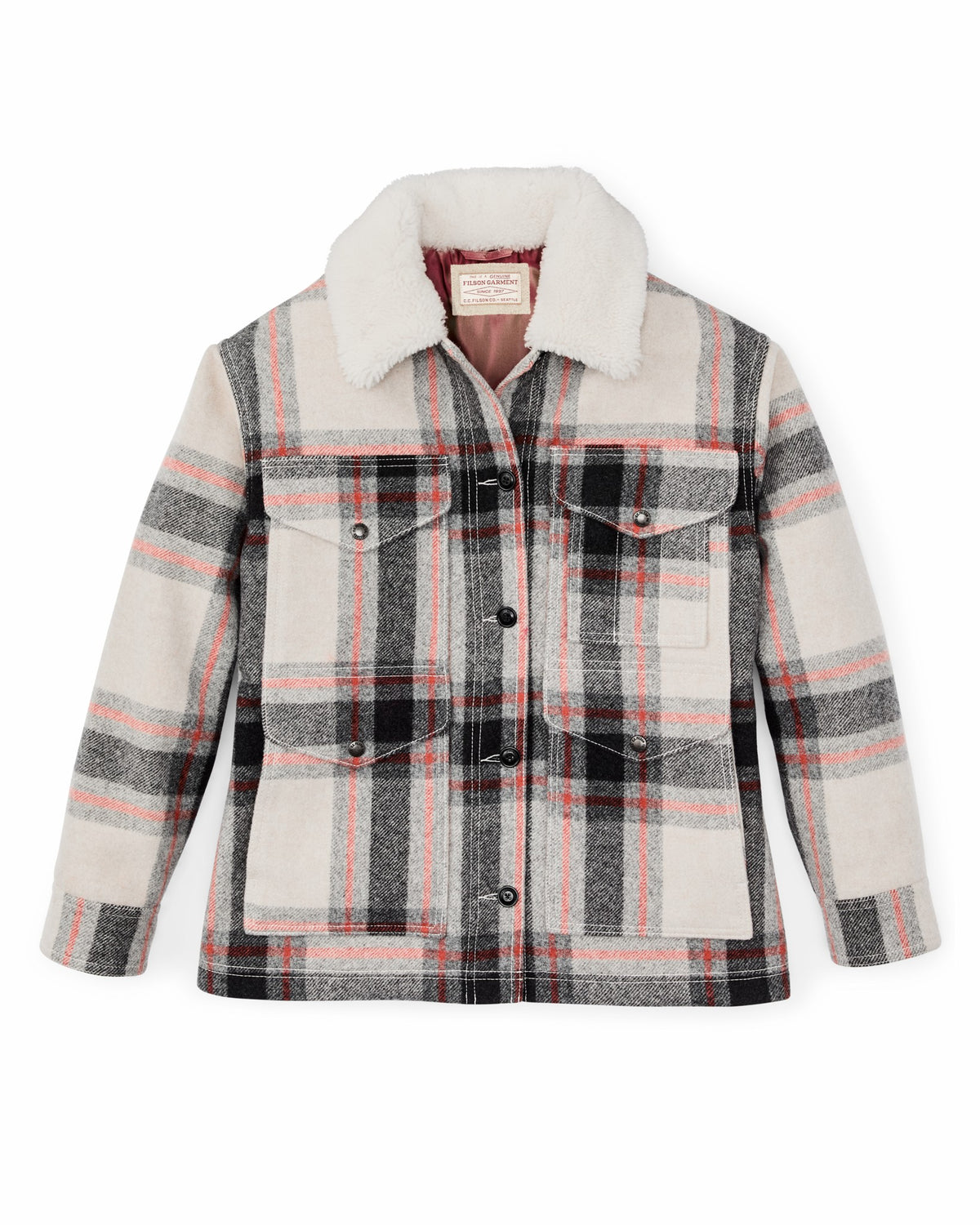 Filson Customer Favorite / Women's Mackinaw Wool Shearling Cruiser Jacket - Cream / Red / Black Plaid