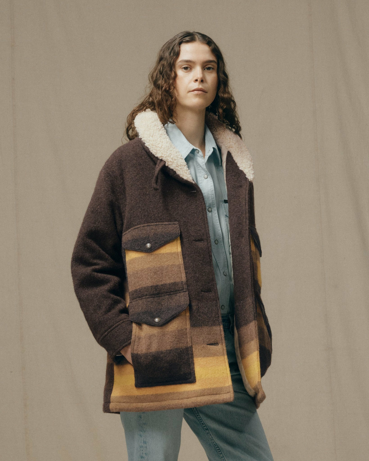 Filson Special Offer / Women's Kodiak Shawl Collar Coat - Brown / Yellow Stripe