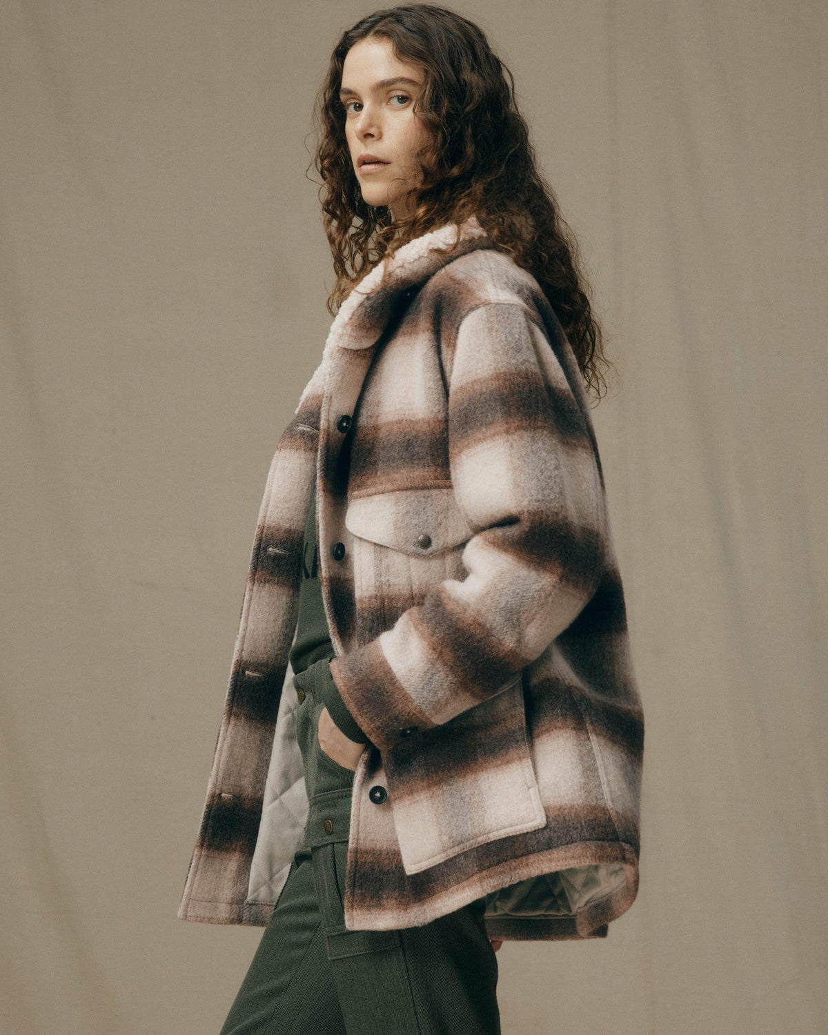 Filson Discount / Women's Kodiak Shawl Collar Coat - Cream / Brown Shadow Plaid