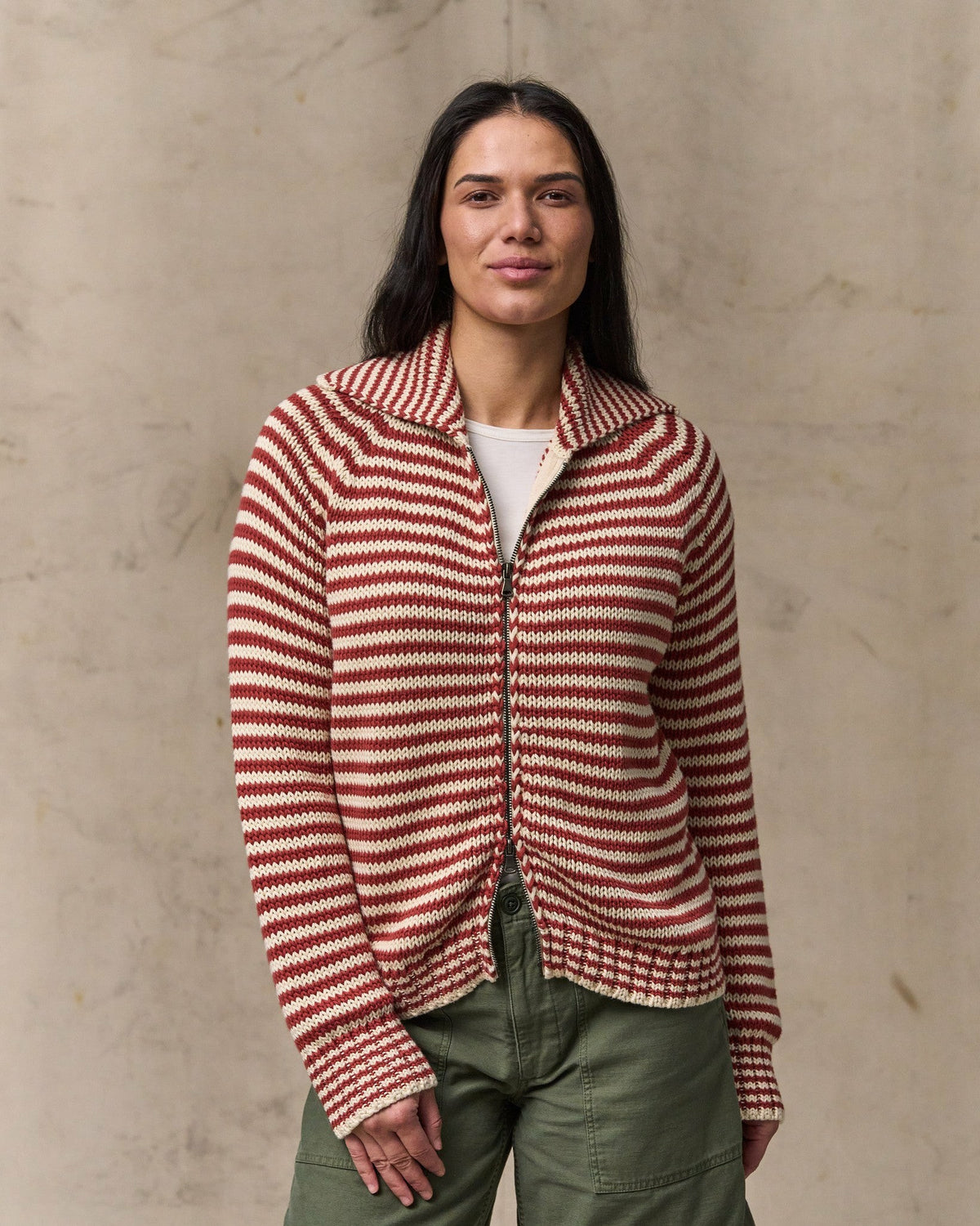 Filson Top Pick / Women's Cotton Full-zip Cardigan - Brick / Sand Stripe