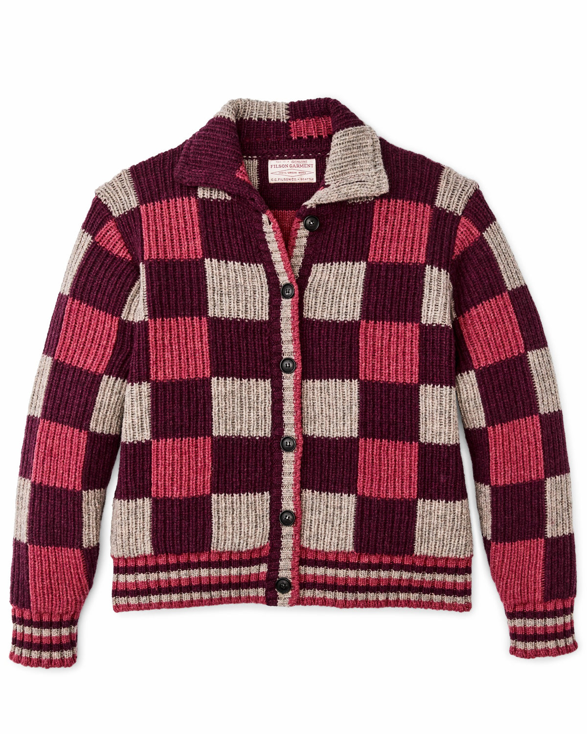 Filson Value / Women's Checkered Wool Cardigan - Burgundy / Gray Check